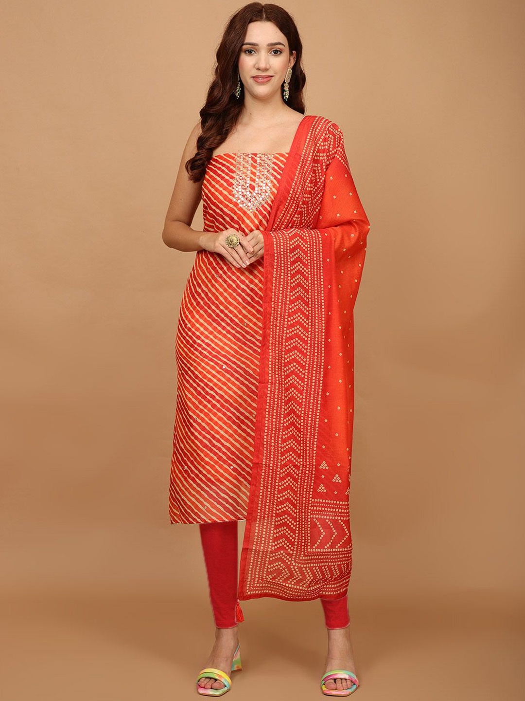 

Meena Bazaar Leheriya Printed Unstitched Dress Material, Rust