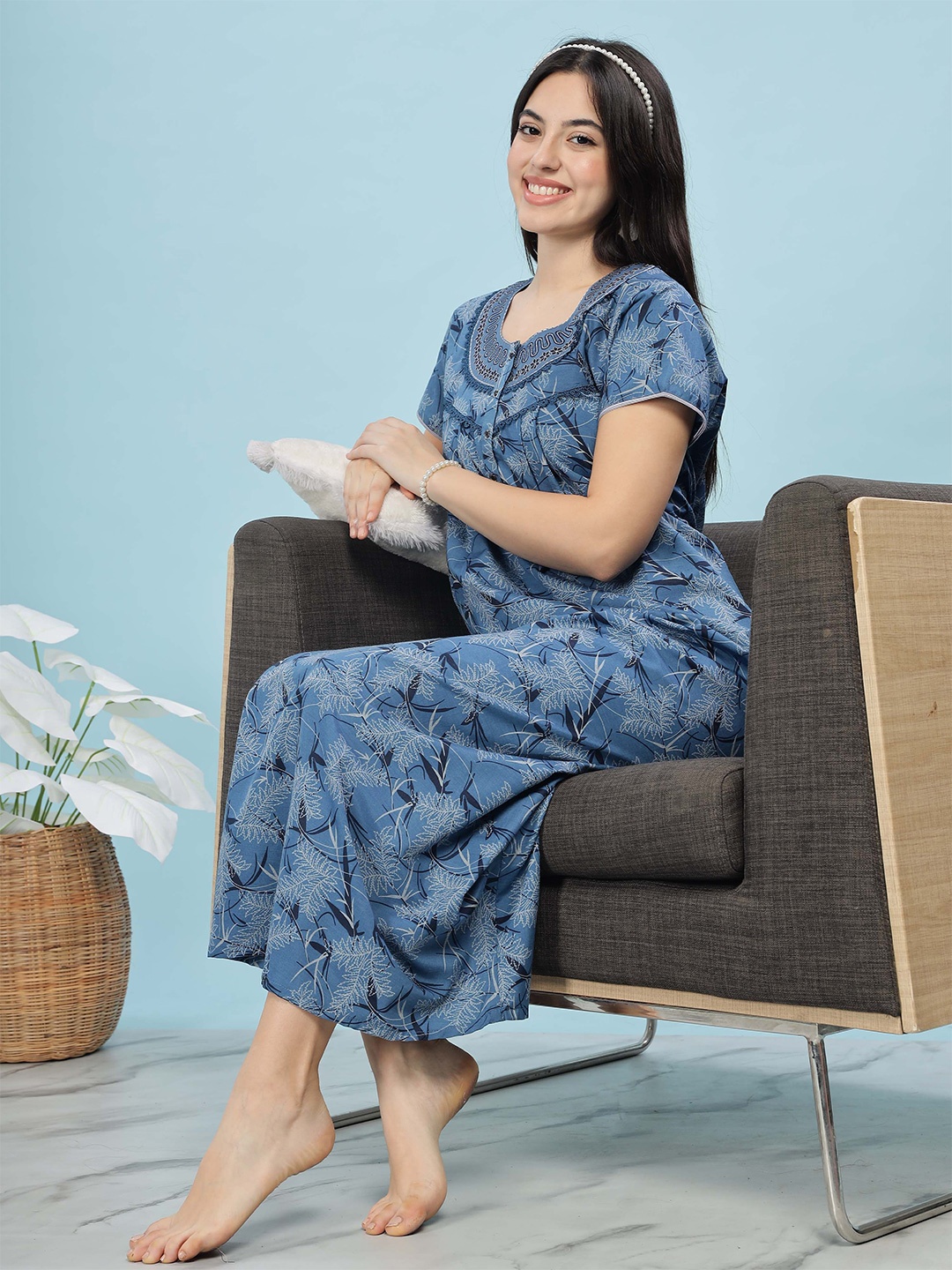 

9shines Label Women Everyday Embroidered Tropical Printed Nightdress, Blue