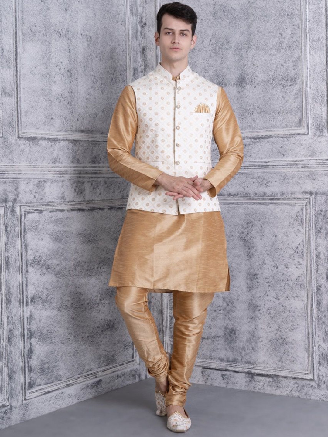 

Ethluxis Mandarin Collar Jacquard Dupion Silk Kurta With Churidar & Nehru Jacket, Beige