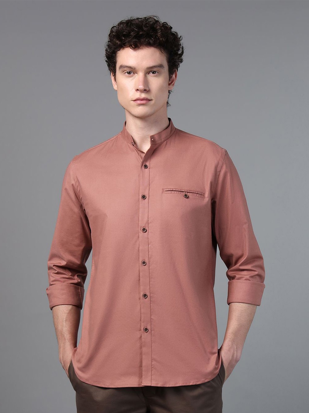 

DON VINO Men Comfort Band Collar Solid Cotton Slim Fit Casual Shirt, Peach