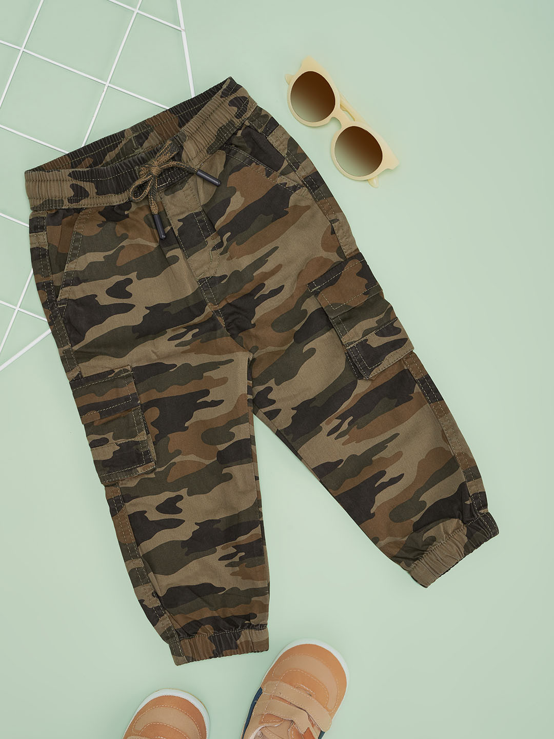 

Pantaloons Baby Boys Camouflage Printed Cotton Regular Trousers, Olive