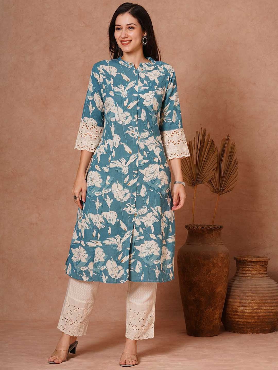 

FASHOR Floral Printed A-Line Kurta, Blue