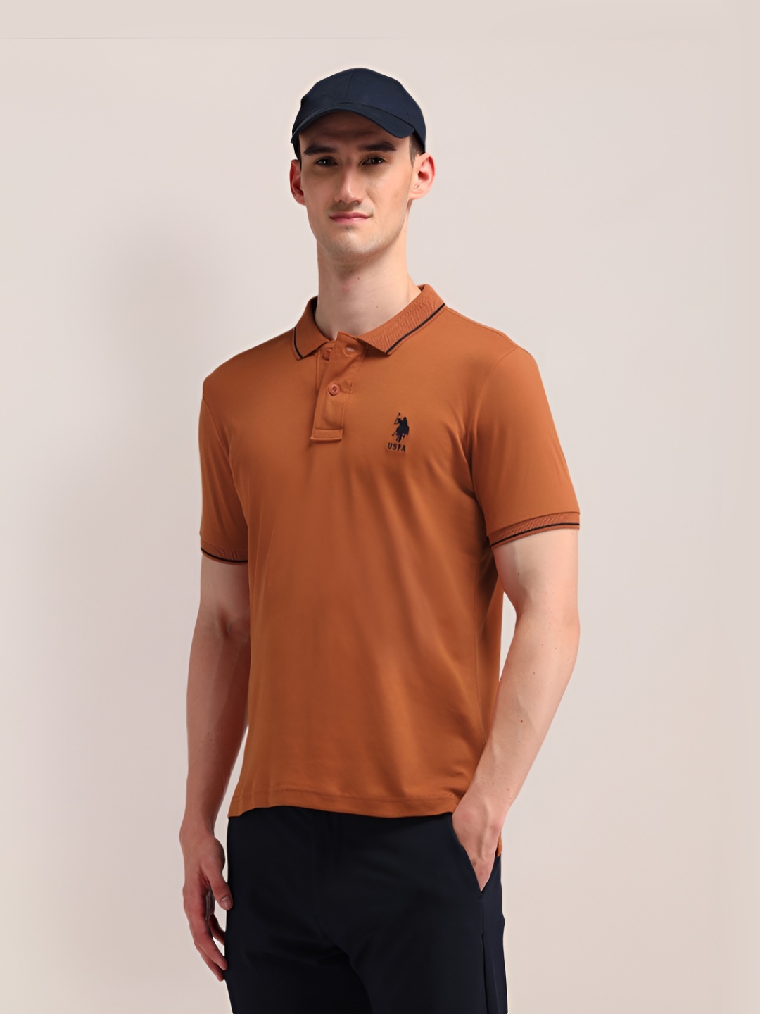 

U.S. Polo Assn. Men Solid Polo Collar Cotton Slim Fit T-shirt, Rust