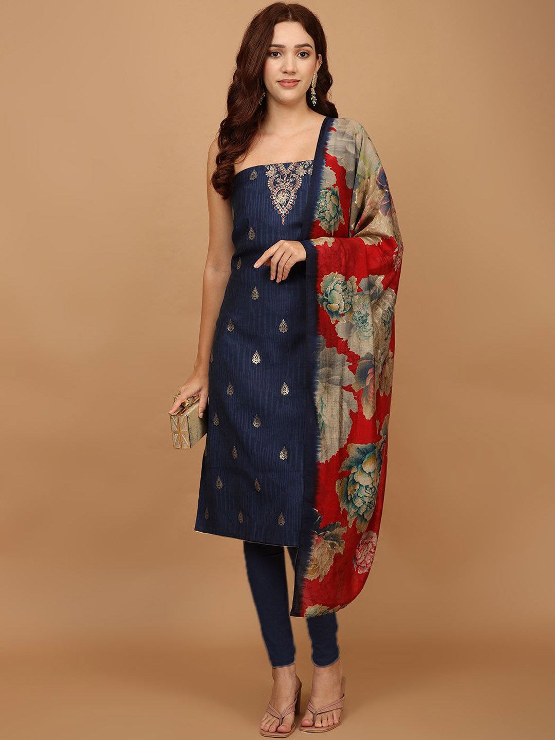 

Meena Bazaar Embroidered Unstitched Dress Material, Navy blue