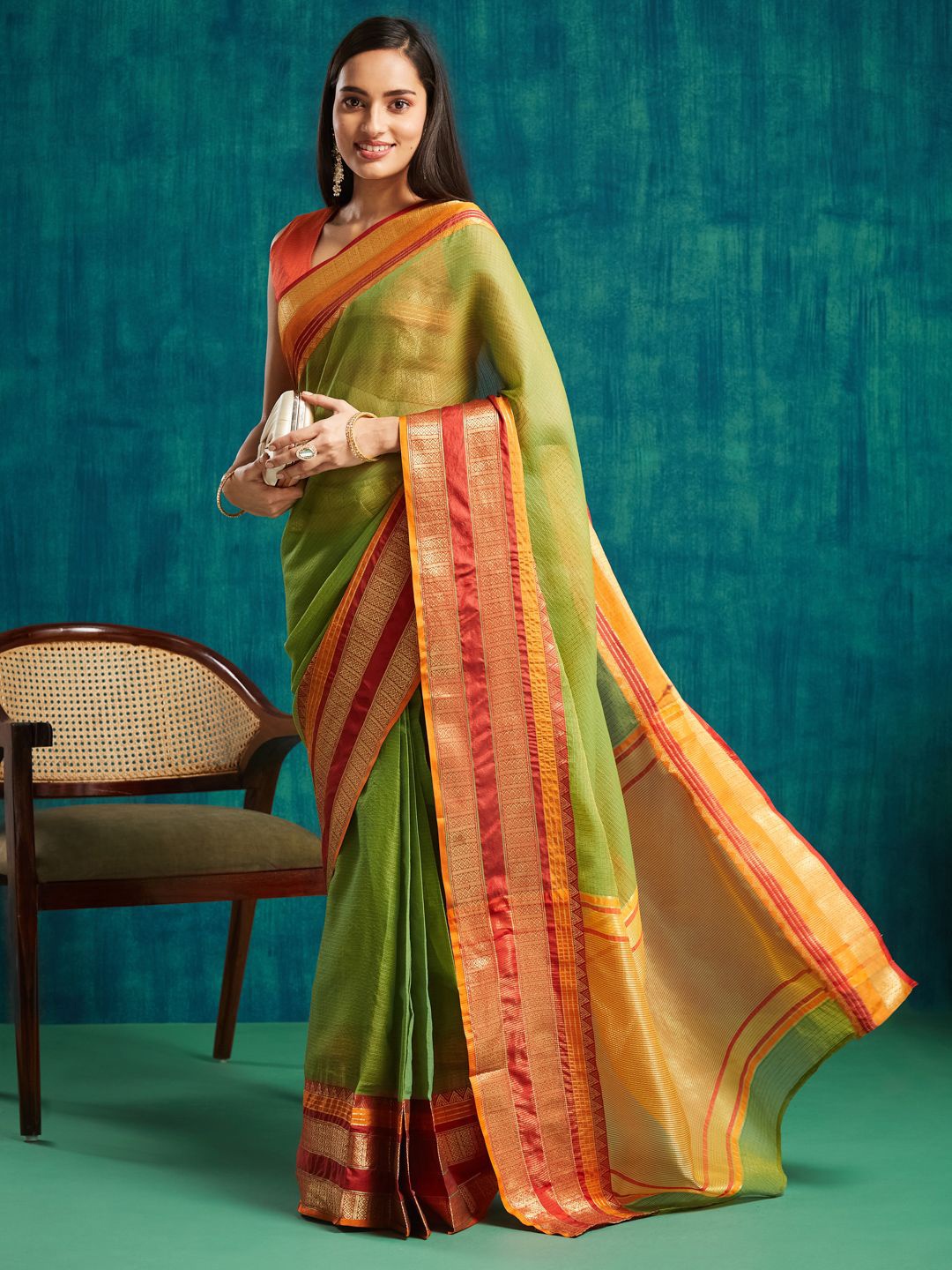 

RACHNA Checked Zari Kanjeevaram Saree, Green