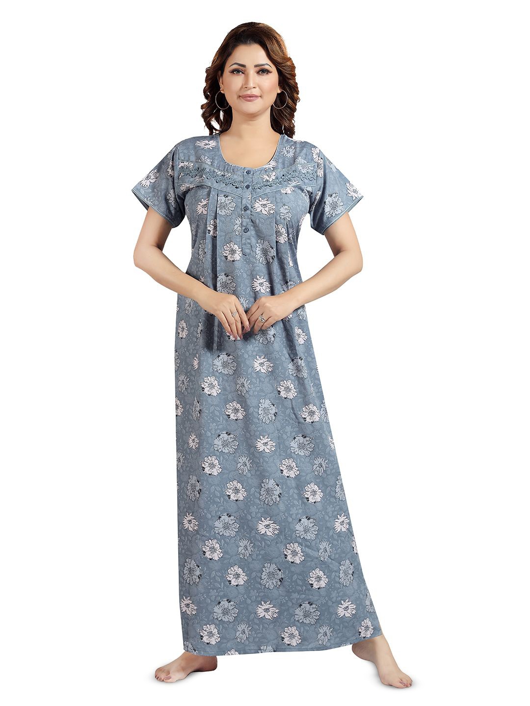 

NIGHT QUEEN Women Floral Printed Short Sleeves Maxi Nightdress, Grey