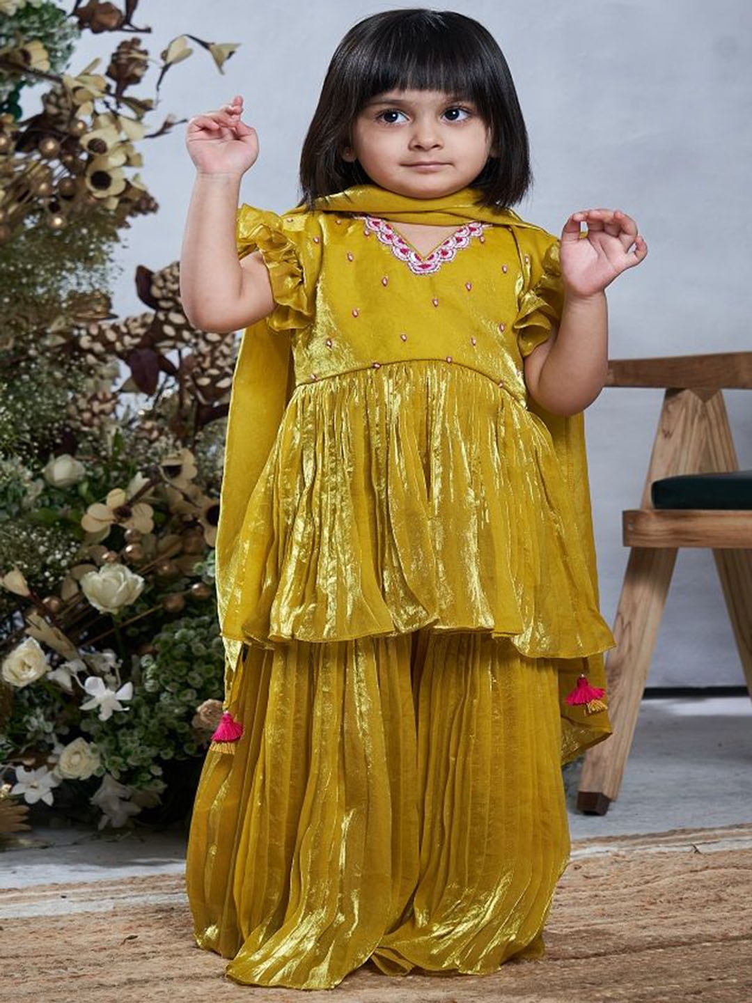 

Vivedkids Girls Embroidered Beads And Stones Anarkali Kurta With Sharara & Dupatta, Yellow