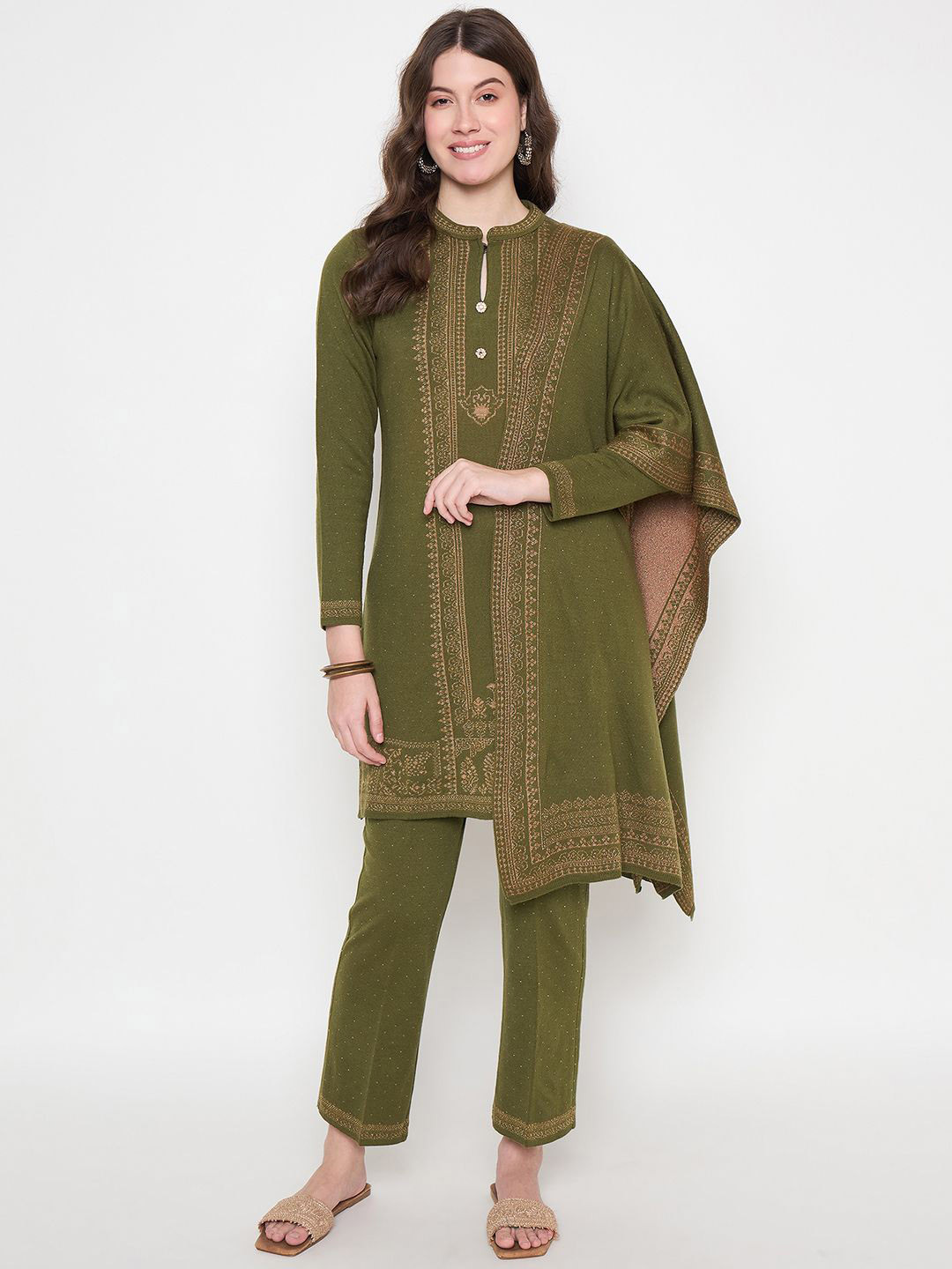 

Knitstudio Floral Printed Pure Wool Mandarin Collar Straight Kurta With Trousers & Dupatta, Olive