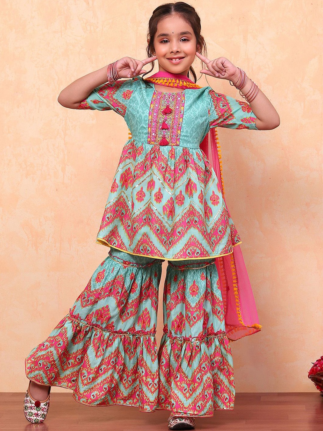 

Biba Girls Floral Printed Angrakha Pure Cotton A-Line Kurta with Sharara & Dupatta, Turquoise blue