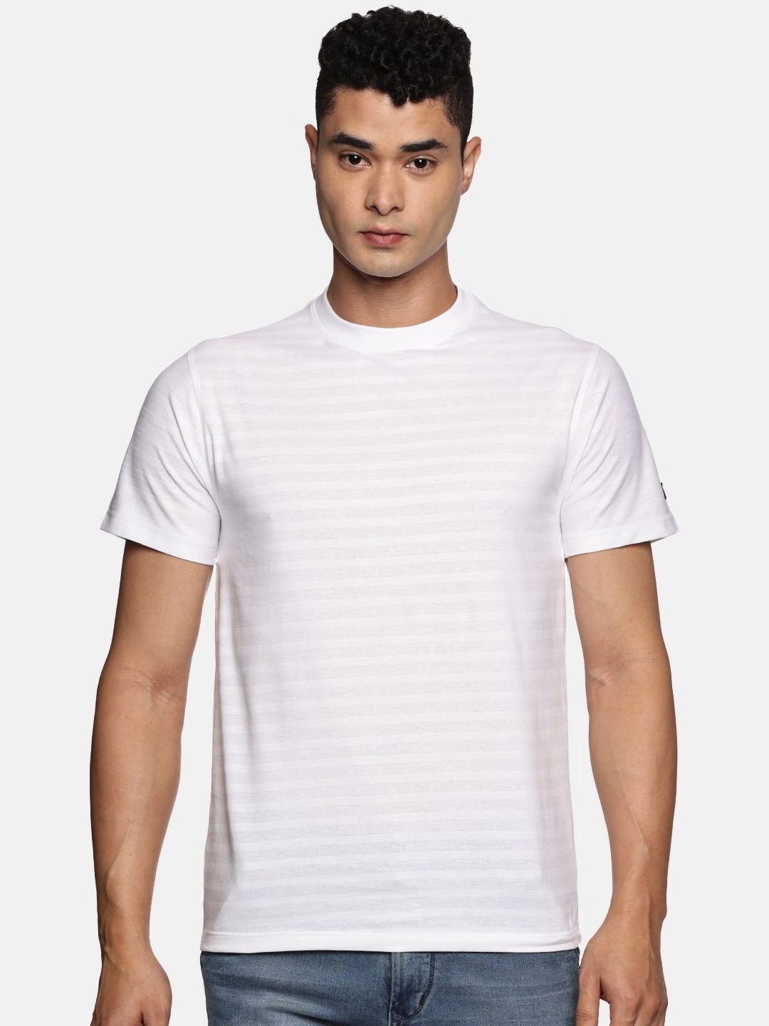 

ABLING Men Bio Finish Striped Round Neck Pure Cotton T-shirt, White