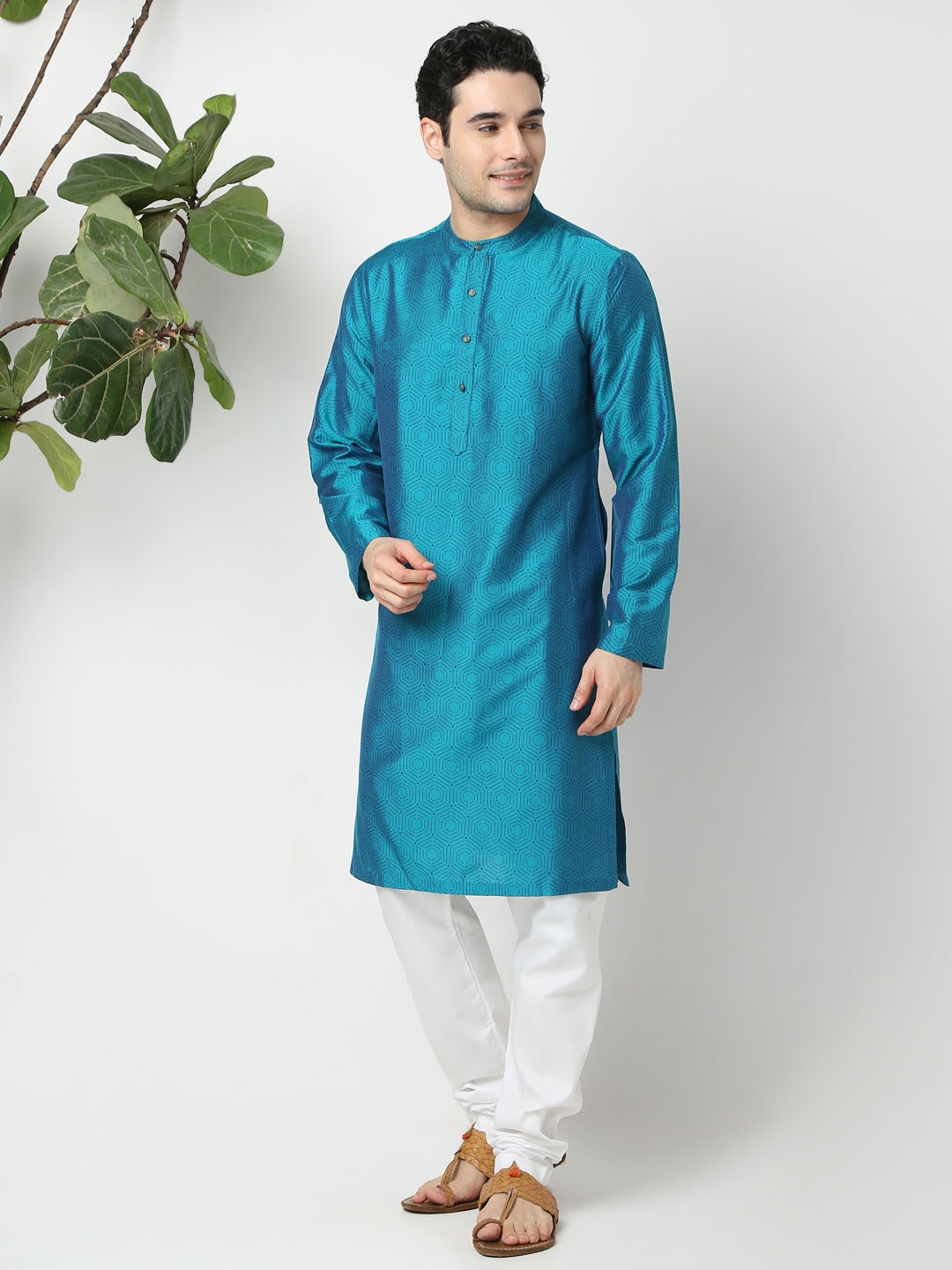 

Ethnicity Geometric Printed Band Collar Straight Kurta, Teal