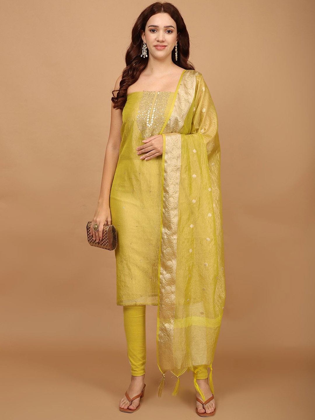 

Meena Bazaar Embroidered Tissue Unstitched Dress Material, Yellow