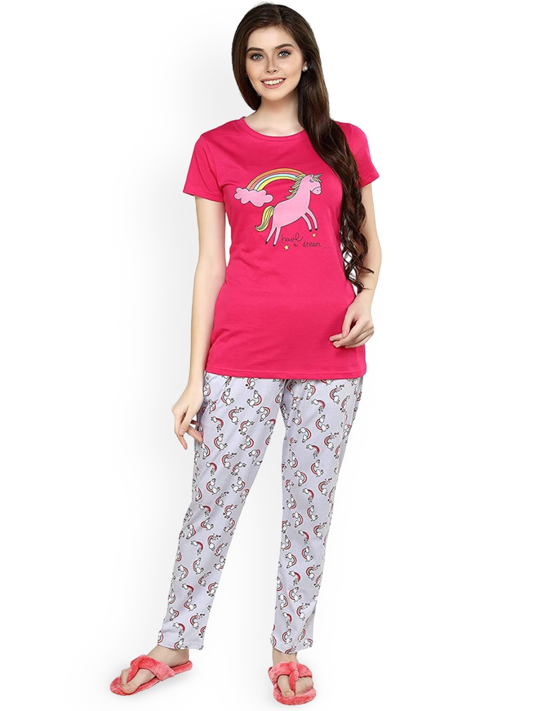 

evolove Women Graphic Printed Pure Cotton Night suit, Pink