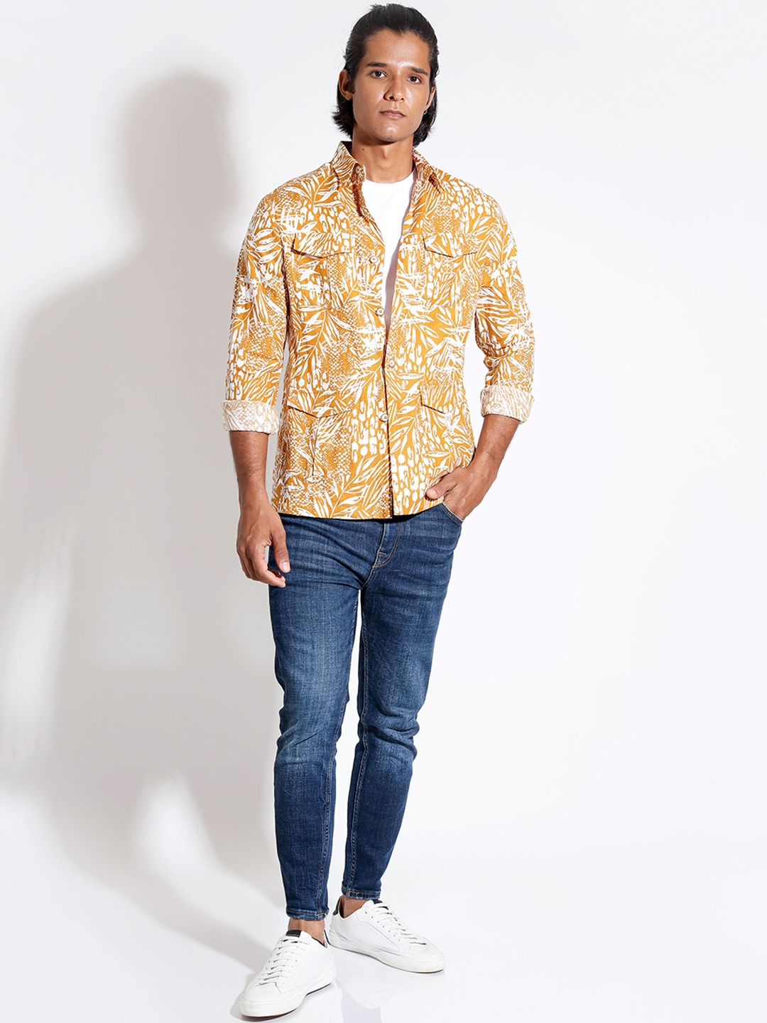 

VIVEK KARUNAKARAN Men Spread Collar Floral Printed Linen Casual Tailored Jacket, Yellow