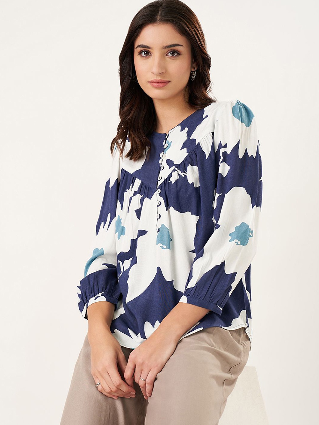 

AKKRITI BY PANTALOONS Women Floral Printed Tunic, Navy blue