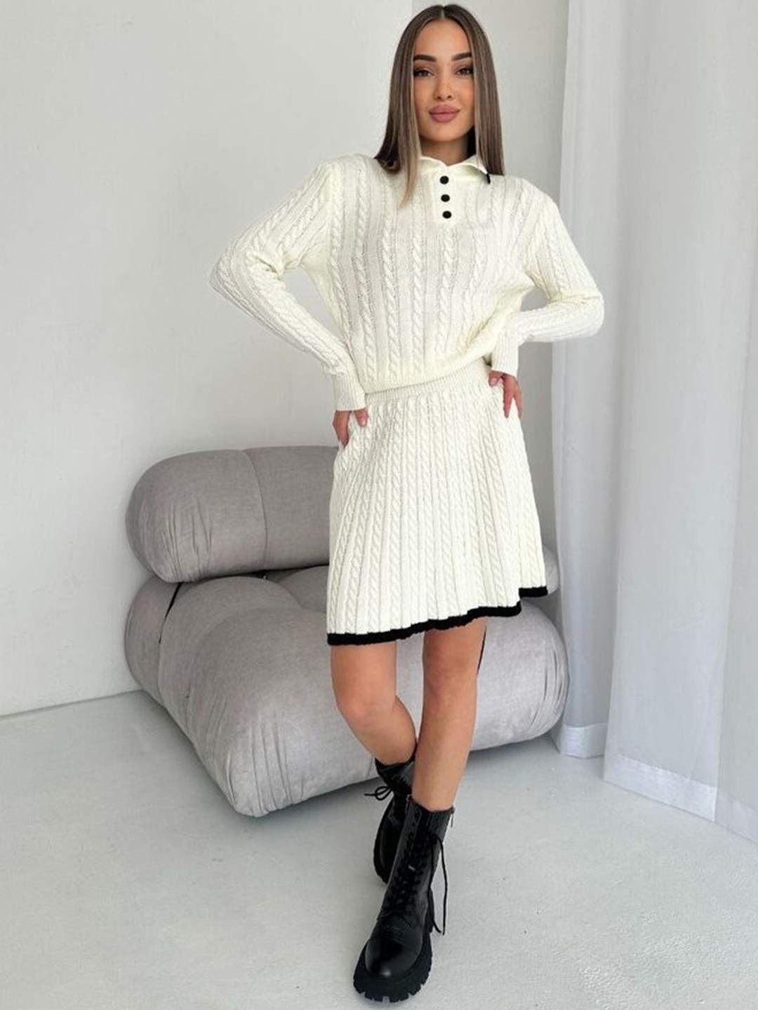 

LULU & SKY Full Sleeves Sweatshirt With Flared Skirt Co-Ords, White