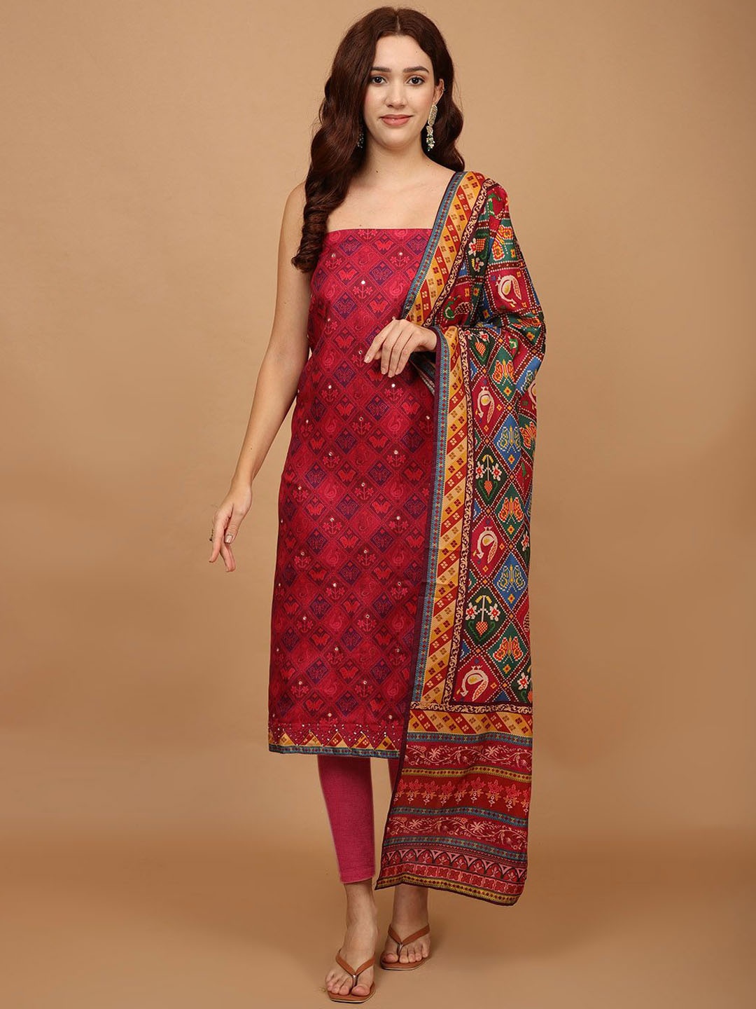 

Meena Bazaar Floral Printed Unstitched Dress Material, Pink