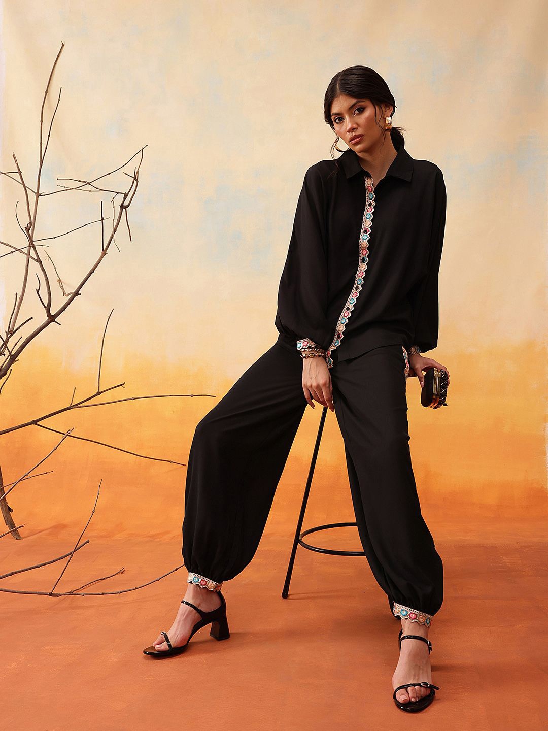

indo street Mandarin Collar Shirt With Trousers, Black