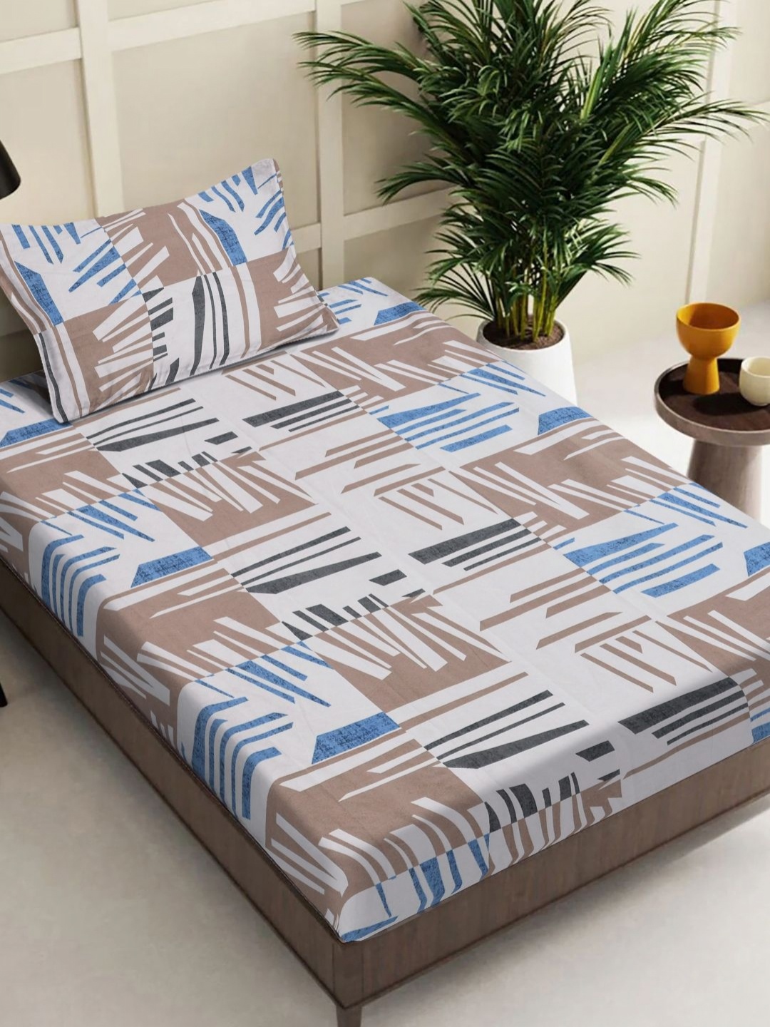 

FABINALIV Grey & Blue 300 TC Single Bedsheet with 1 Pillow Covers 2.54 x 2.74Mts