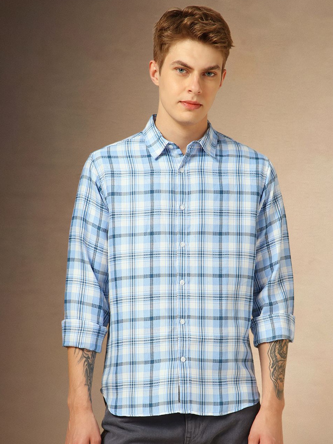 

Dennis Lingo Men Classic Tartan Checks Opaque Checked Casual Shirt, Blue