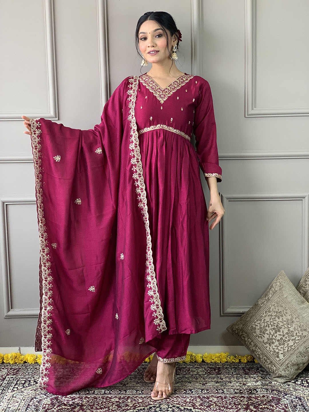 

KALINI Ethnic Motifs Embroidered Sequinned V-Neck Straight Kurta With Trouser & Dupatta, Maroon