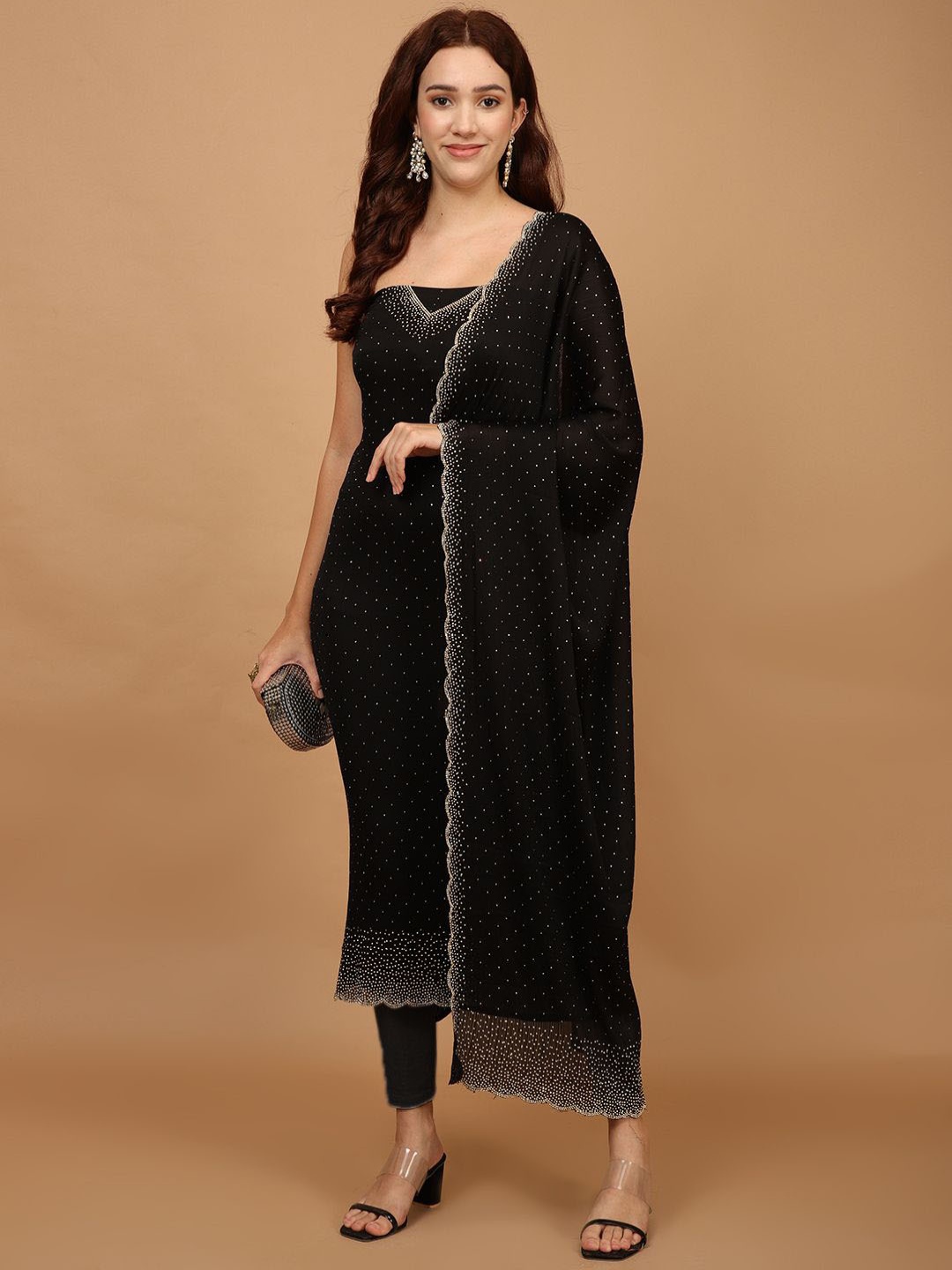 

Meena Bazaar Embellished Unstitched Dress Material, Black