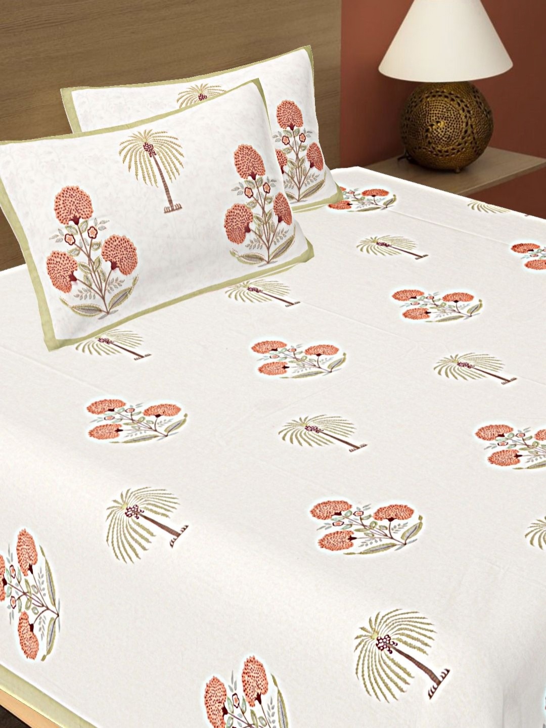 

VANI E Orange & Off White Floral Cotton 240 TC Double King Bedsheet Set-2.54 m x 2.74 m