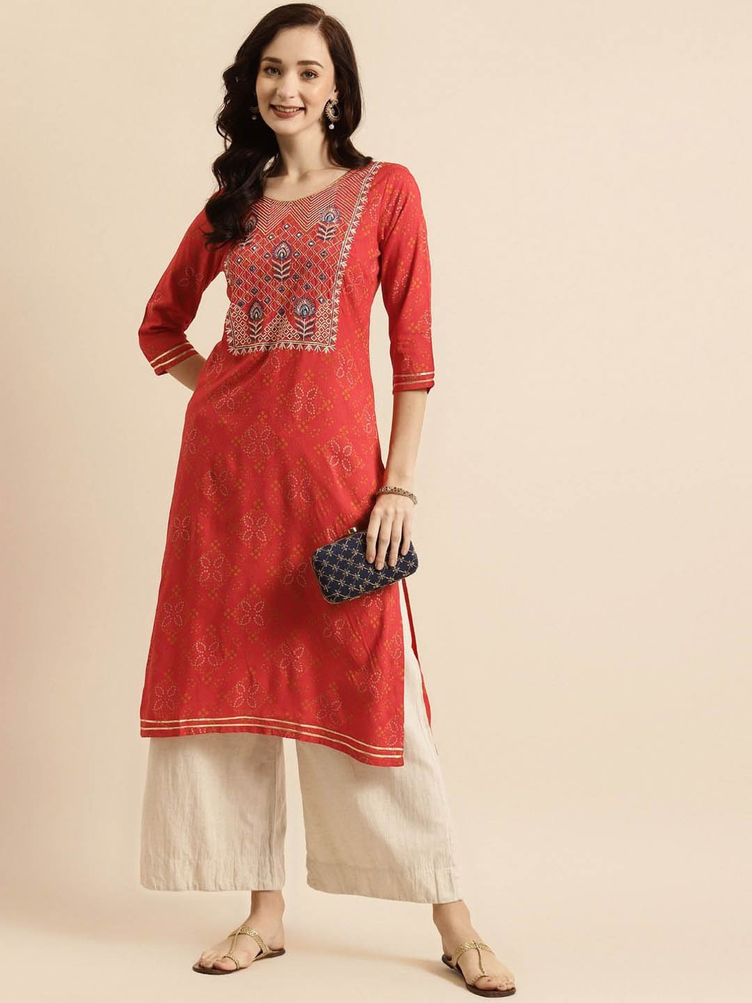 

Anouk Ethnic Motifs Embroidered Mirror Work Liva Straight Kurta, Red