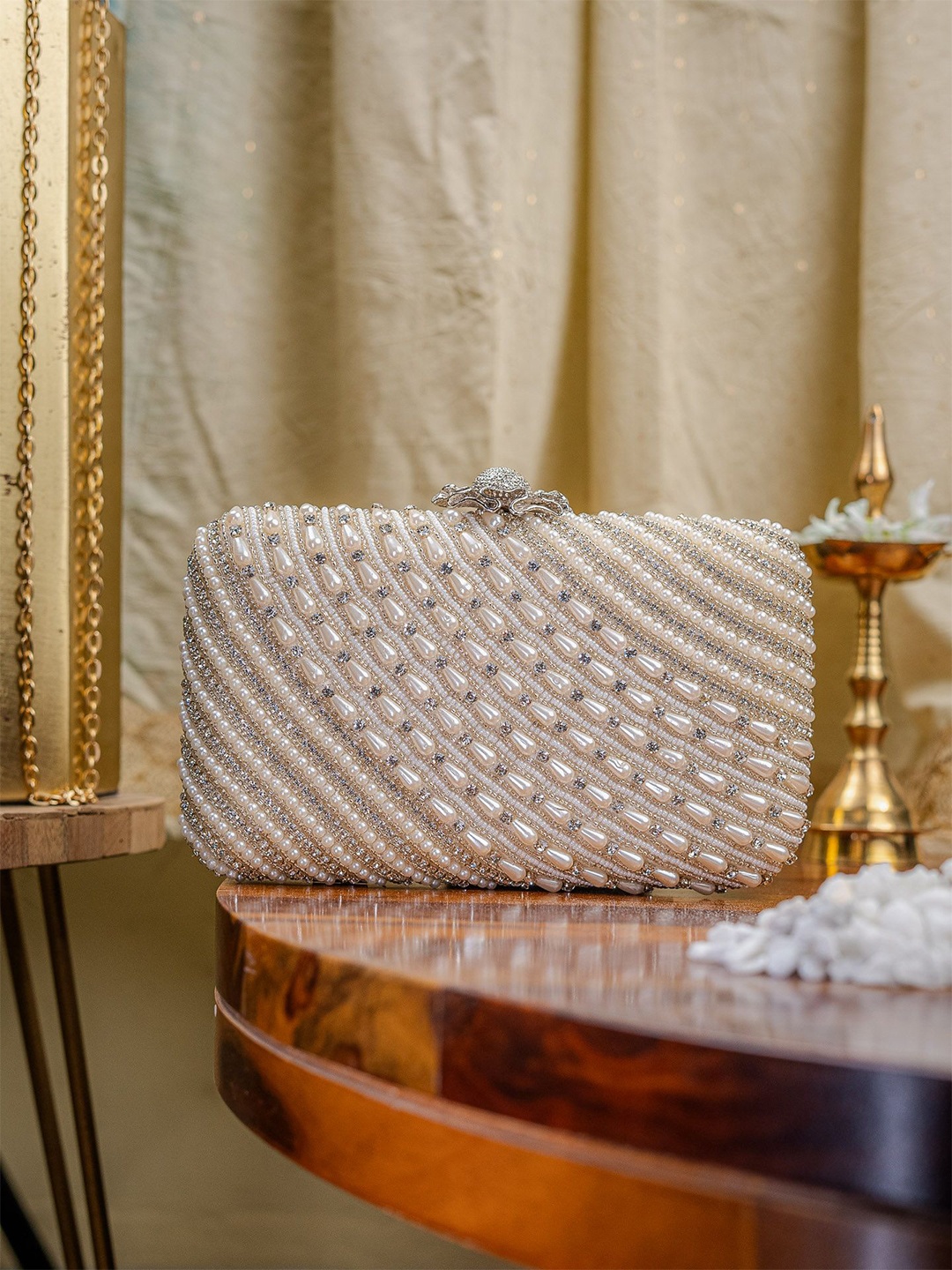 

NR By Nidhi Rathi Embroidered Embellished Box Clutch, Silver