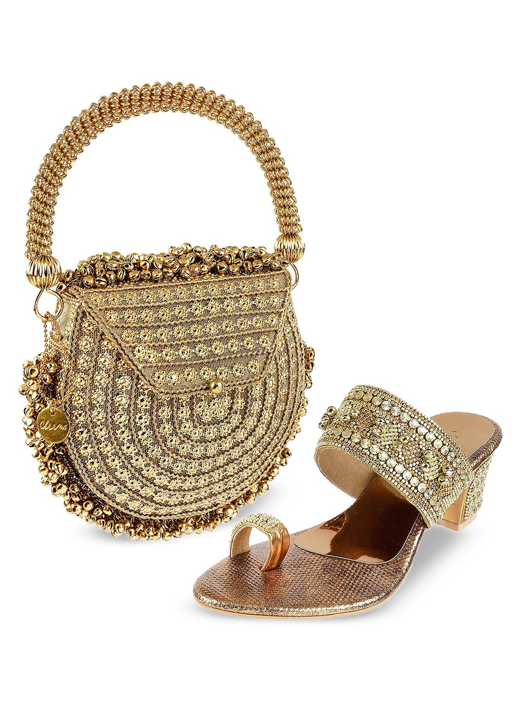 

Cheemo Embellished Ethnic Block Sandals, Gold