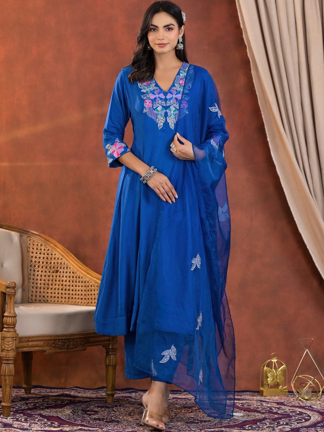

AUTUMN LANE Floral Embroidered Cotton Silk A-Line Kurta With Trousers & Dupatta, Blue
