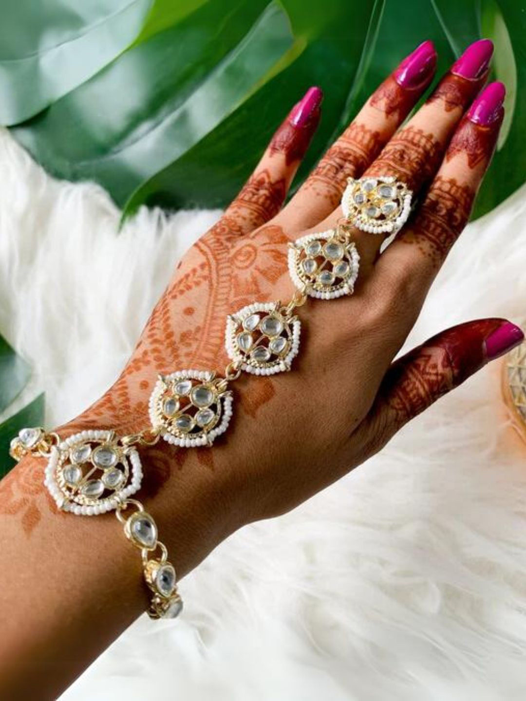 

I Jewels Gold-Plated Kundan Studded & Pearl Beaded Ring Bracelet