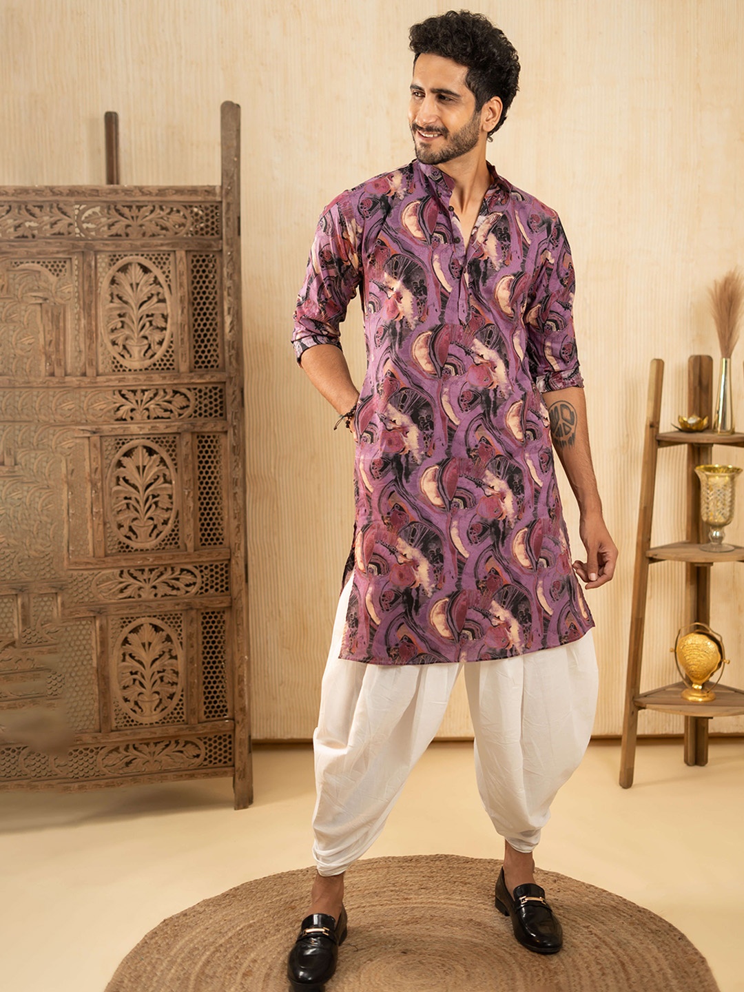 

Shasak Men Tribal Printed Mandarin Collar Cotton Straight Kurta, Purple