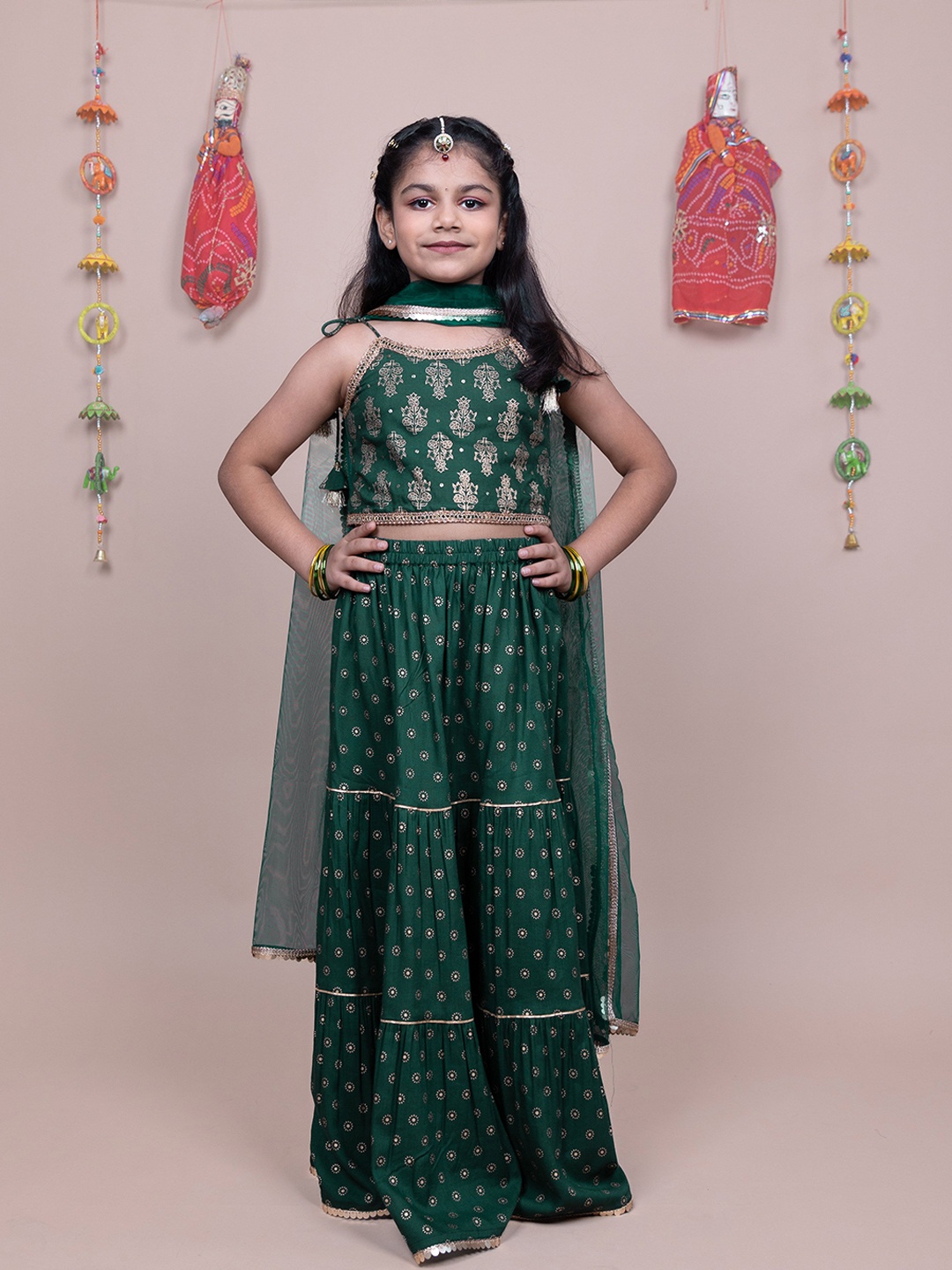 

KASYA Girls Printed Beads and Stones Ready to Wear Lehenga & Blouse With Dupatta, Green