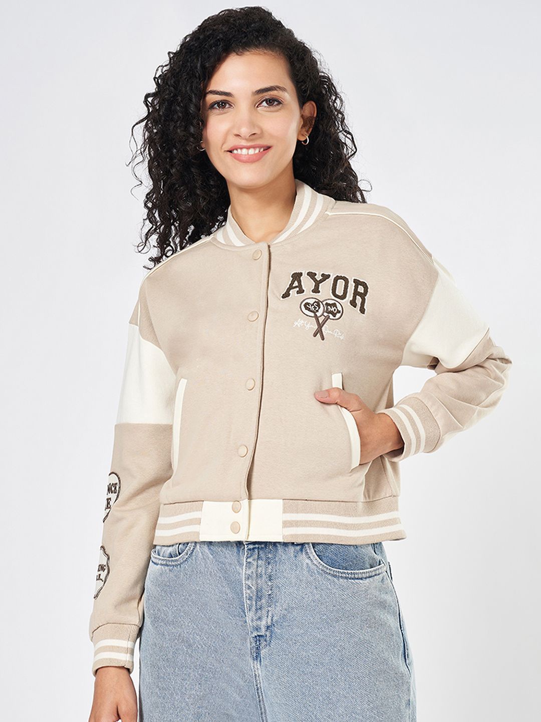 

People Women Printed Cotton Sweatshirt, Cream