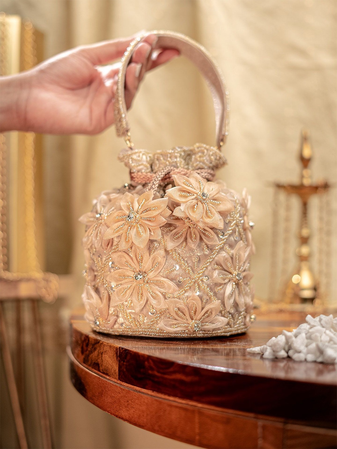 

NR By Nidhi Rathi Embellished Patch Work Potli Clutch, Gold