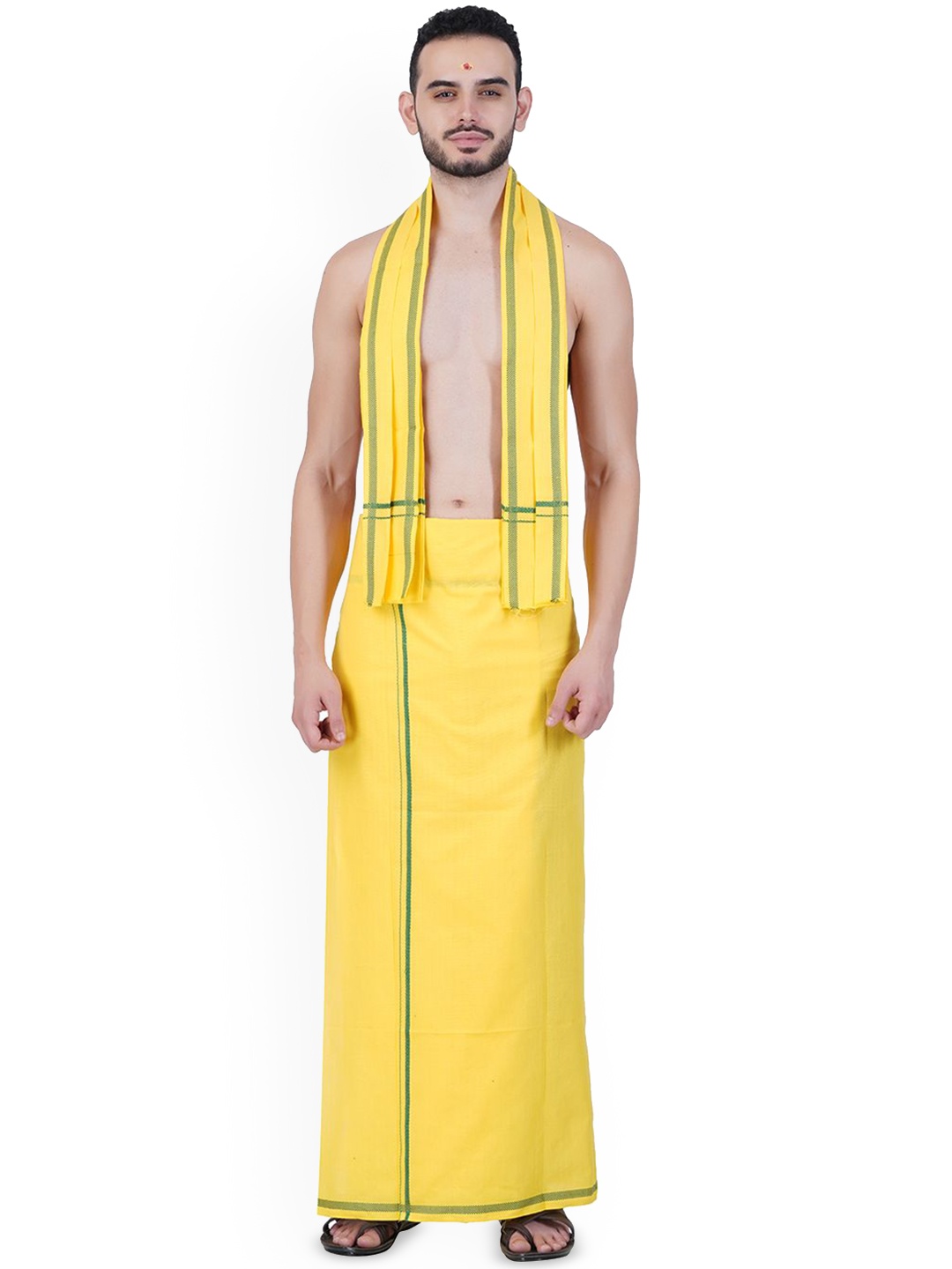 

Ethazh Men Cotton Dhoti with Angavastram, Yellow