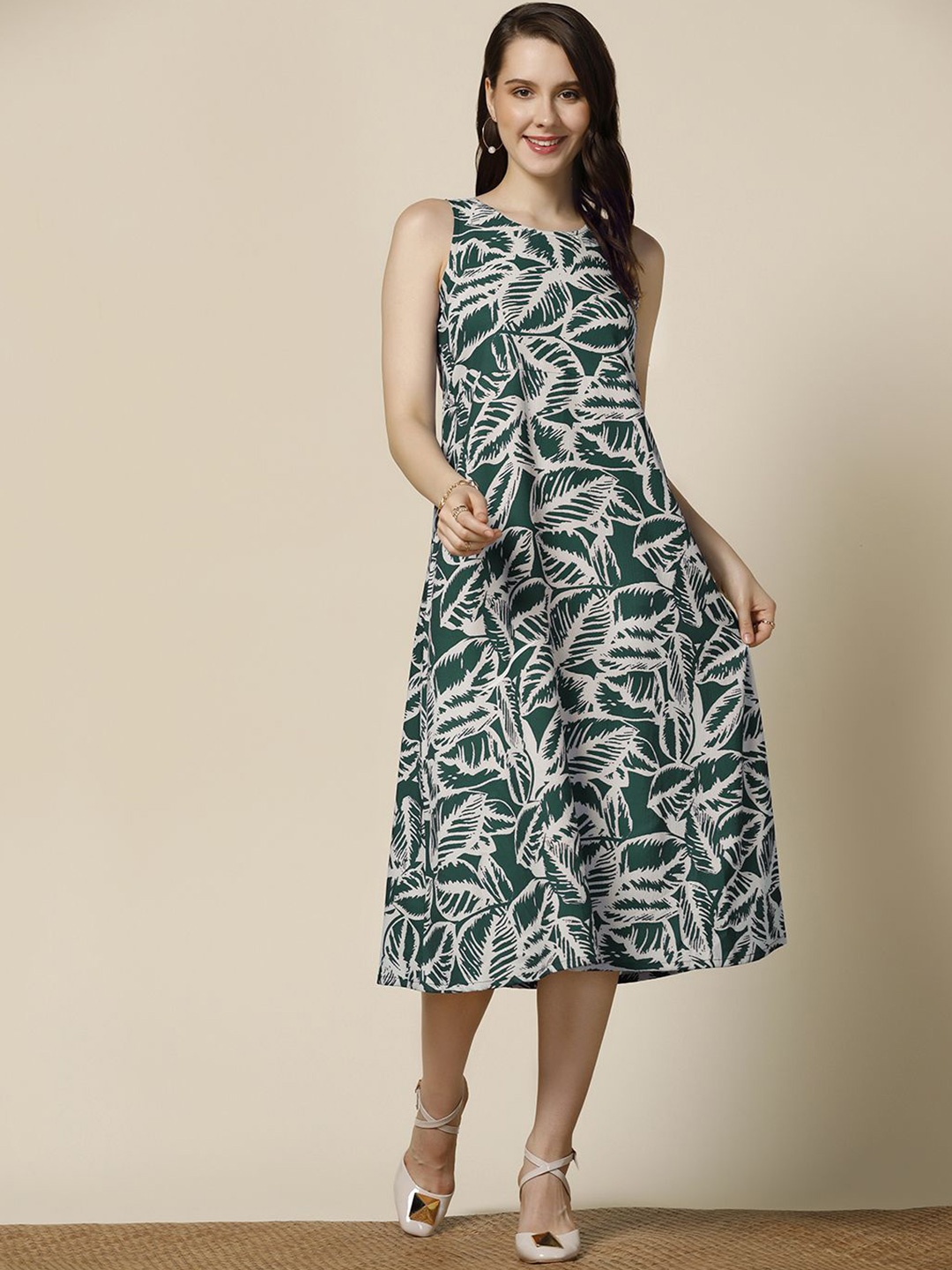 

OMPAX Abstract Print A-Line Midi Dress, Green