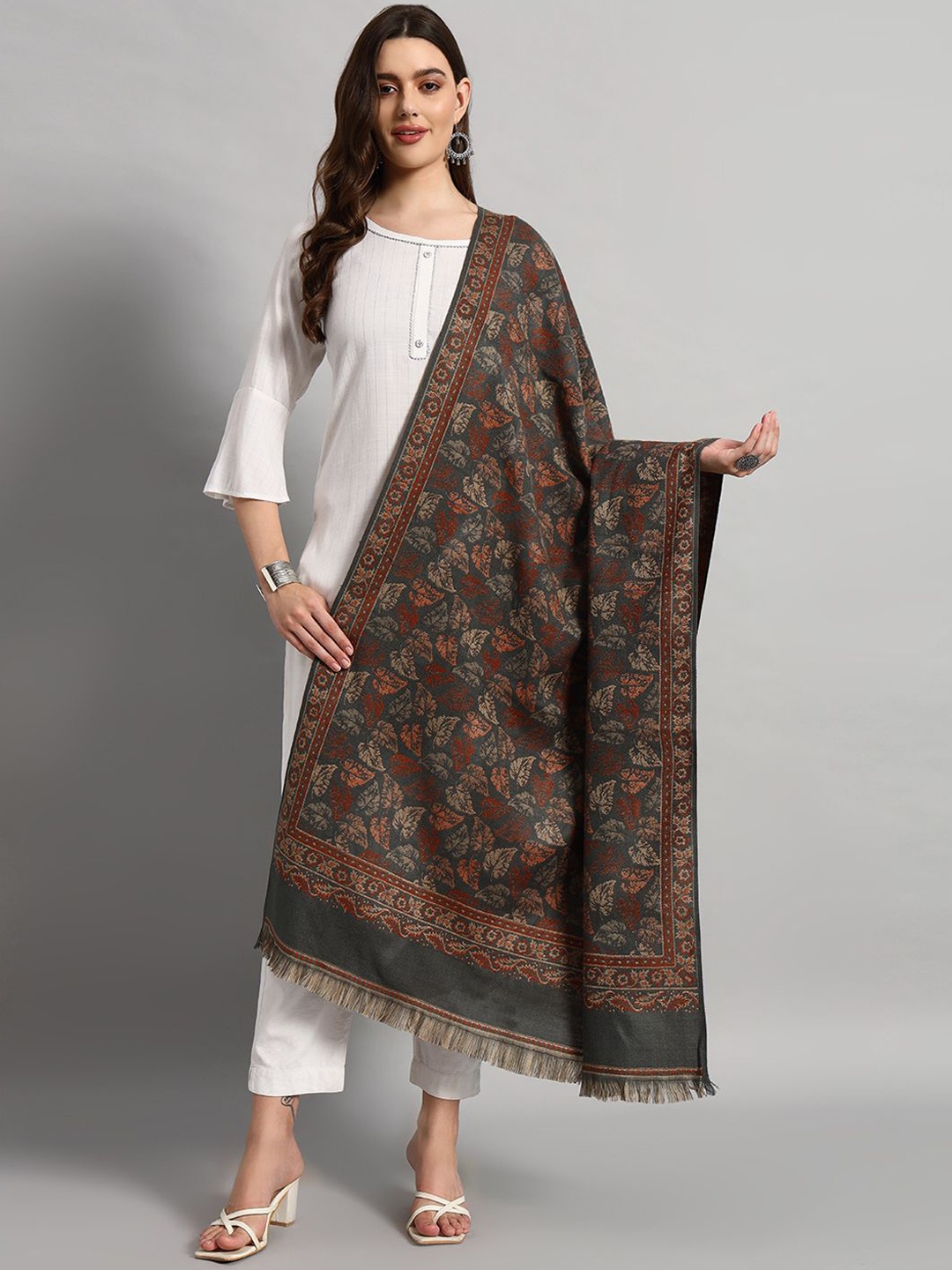 

HANDICRAFT PALACE Leaf Woven Design Shawl, Grey