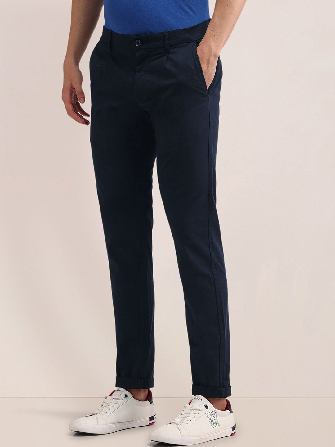 

U.S. Polo Assn. Men Cotton Navy Blue Urban Slim Slim Fit Pleated Trousers