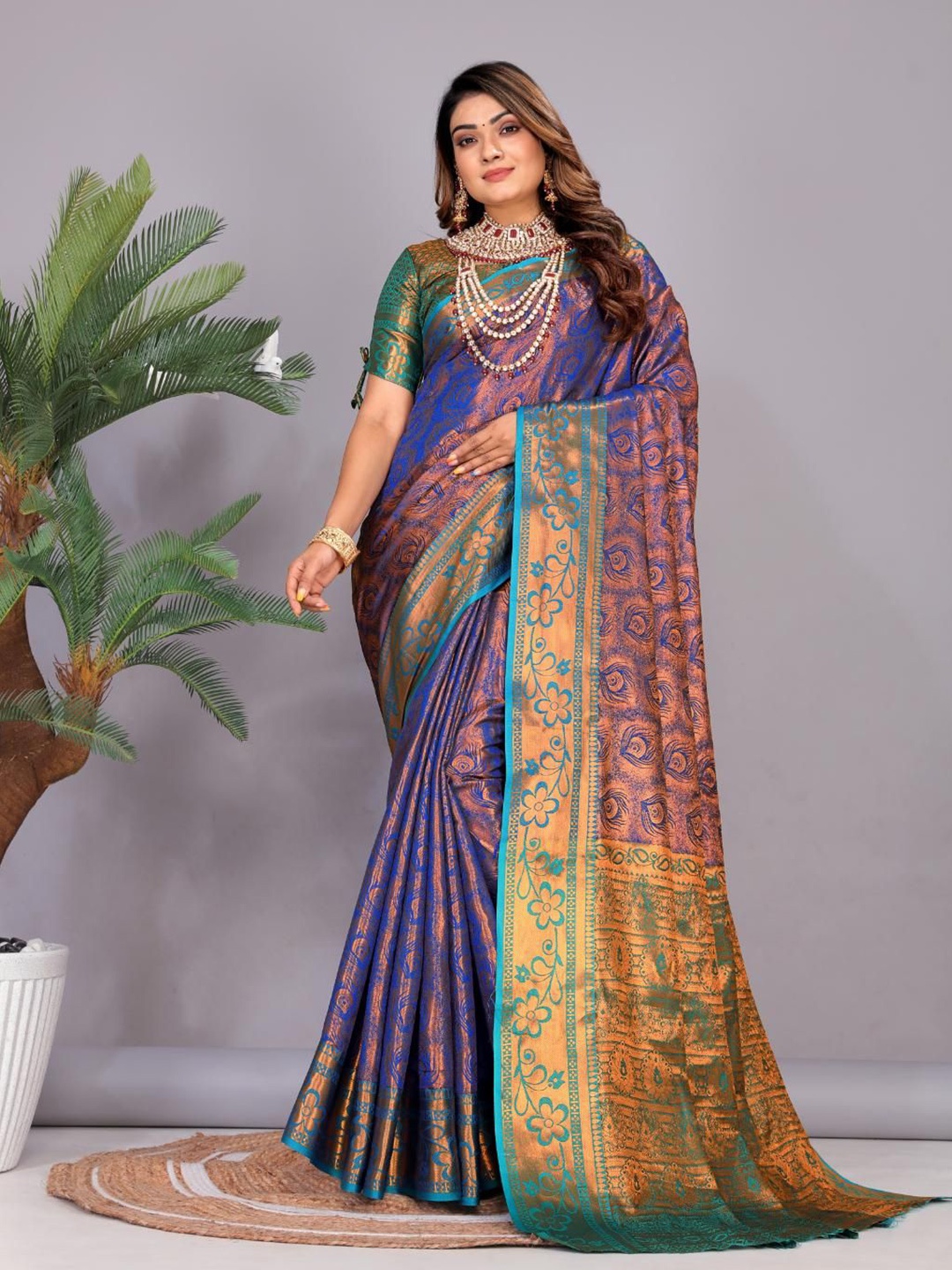 

JAY FASHION Woven Design Zari Silk Blend Designer Kanjeevaram Saree, Blue