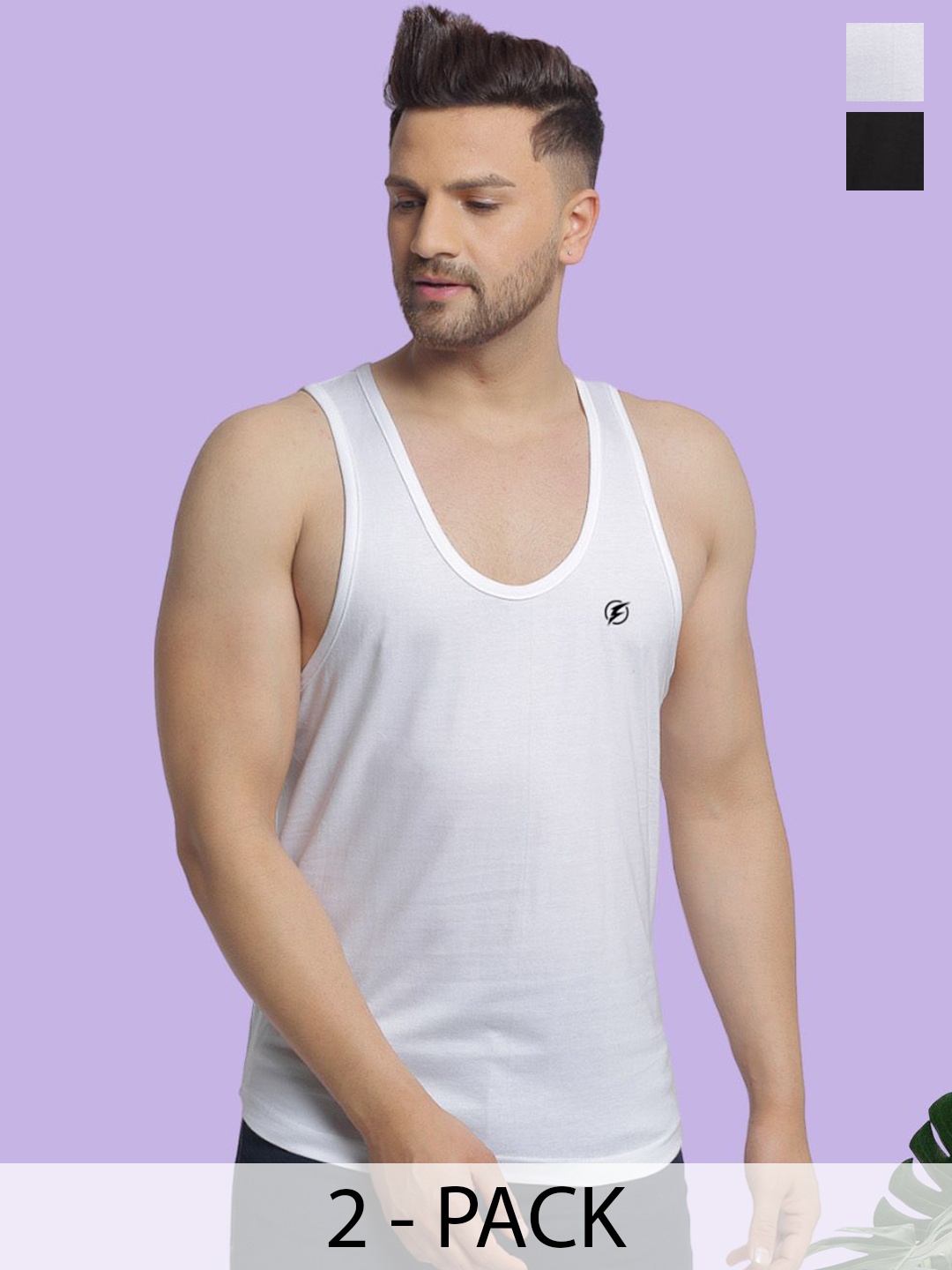 

Friskers Men Pack Of 2 Cotton Anti-Bacterial Gym Vests-C-01-02, Black