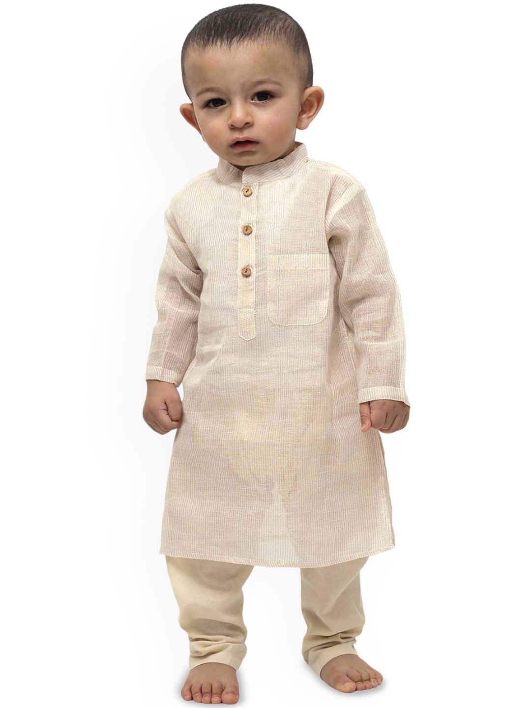 

TJORI Boys Striped Regular Pure Cotton Kurta with Churidar, Off white