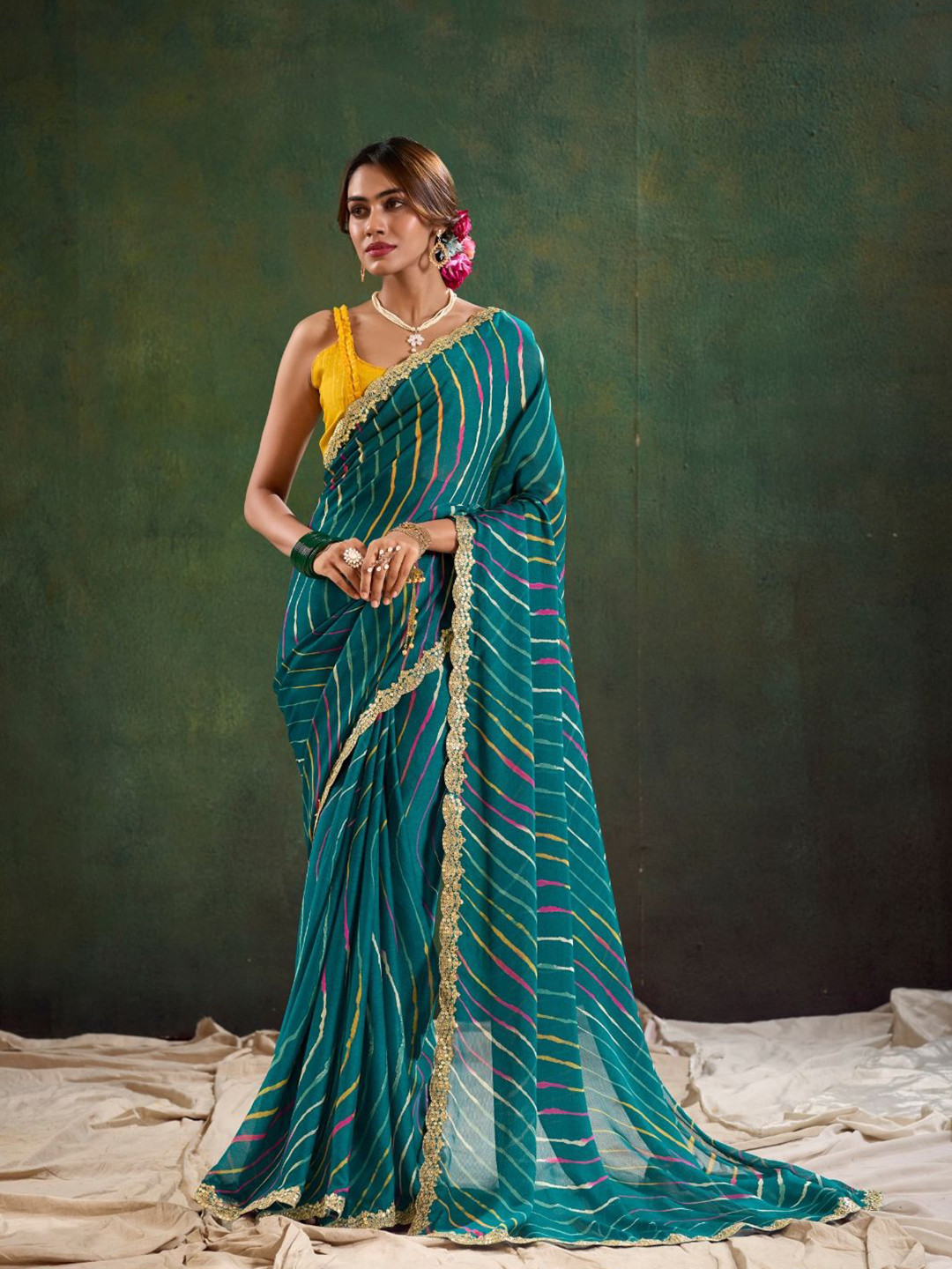 

CHUDIYA Leheriya Printed Embroidered Pure Chiffon Leheriya Saree, Teal