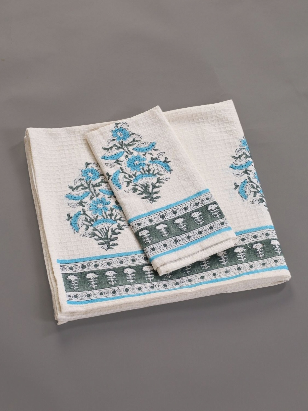 

Peepul Tree 2 pcs Off White & Blue Block Printed Cotton Hand & Bath Waffle Towel Set