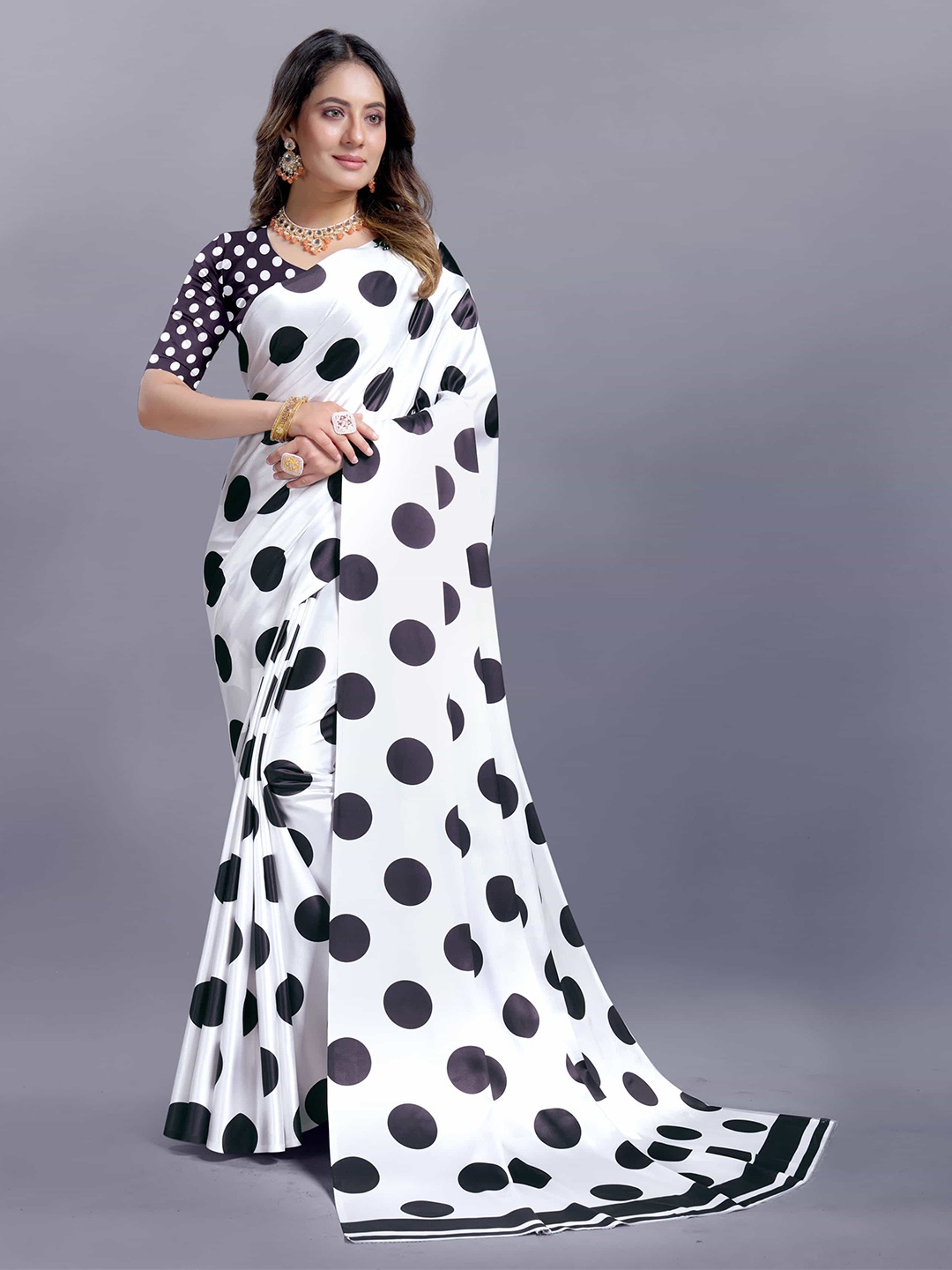 

V3 FASHION STUDIO Polka Dot Digital Print Satin Saree, White