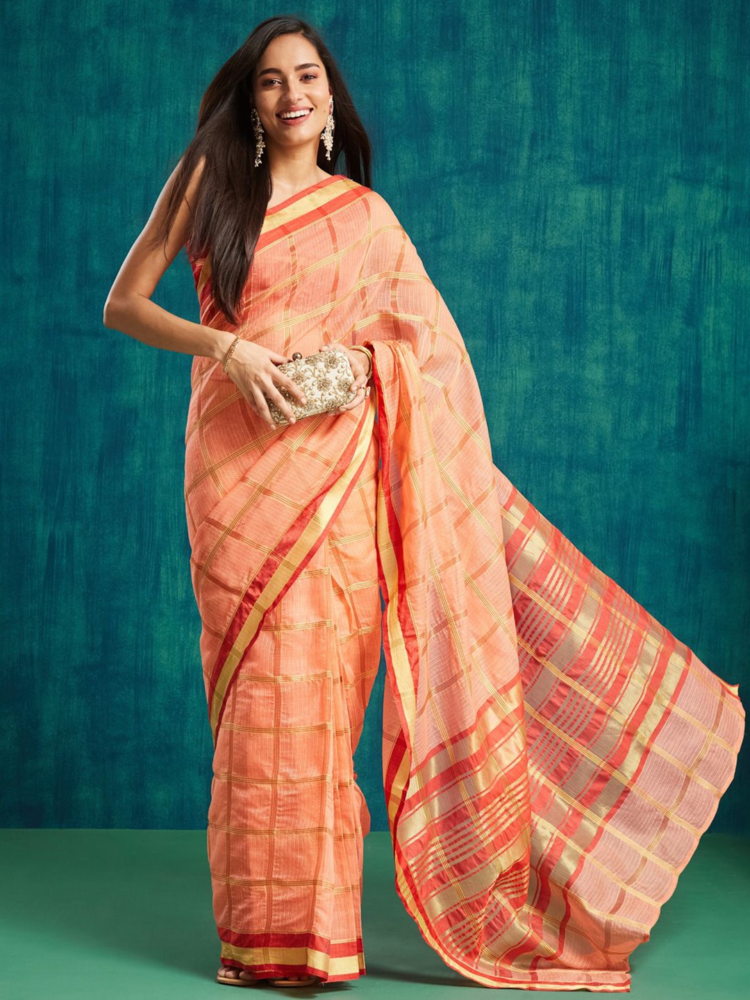 

RACHNA Checked Zari Ready to Wear Kanjeevaram Saree, Peach