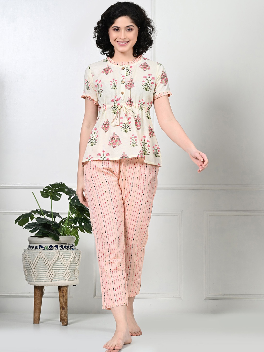 

Laado - Pamper Yourself Women Floral Printed Pure Cotton Night suit, Cream