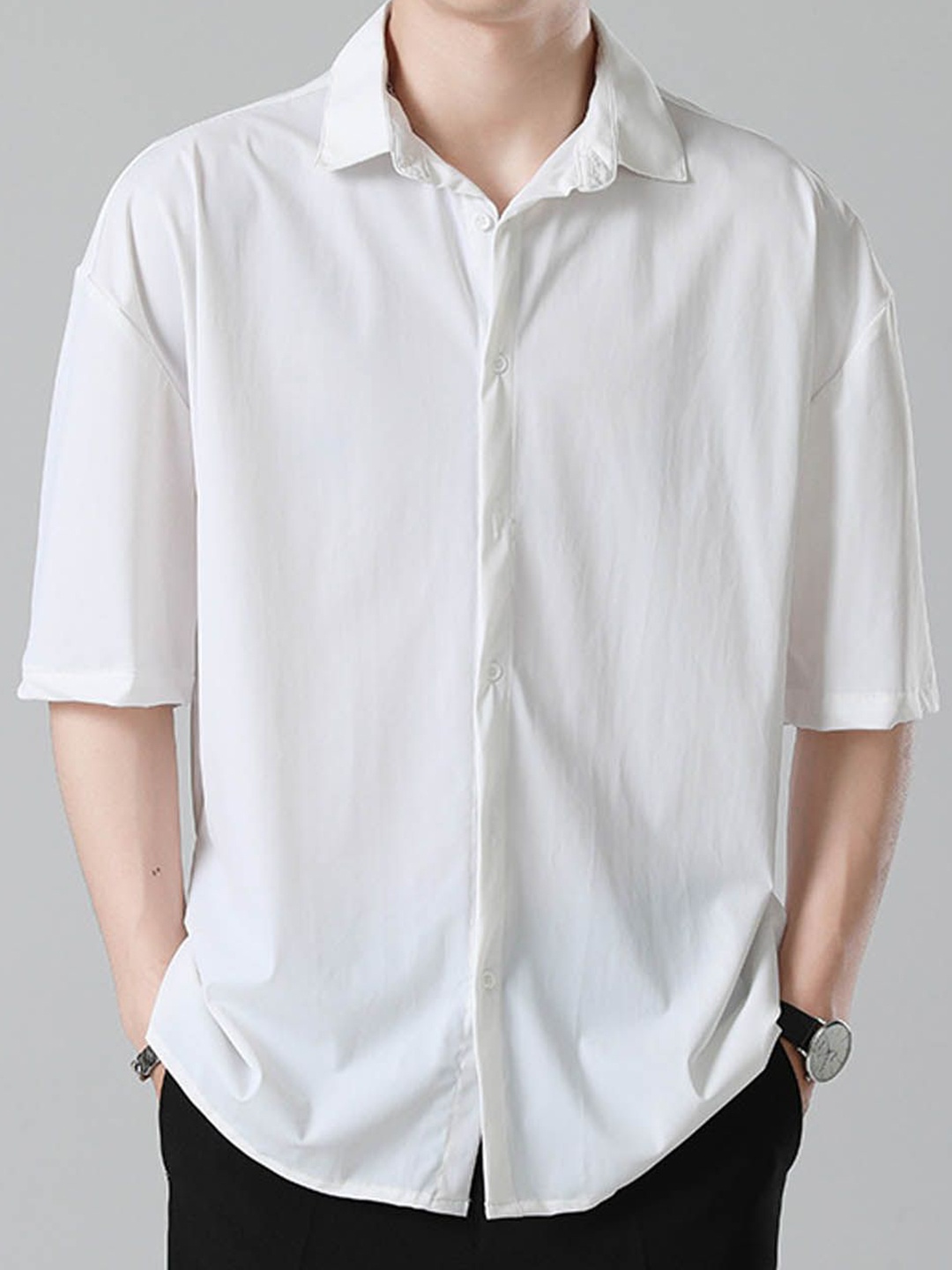 

StyleCast Men Spread Collar Solid Cotton Casual Shirt, White