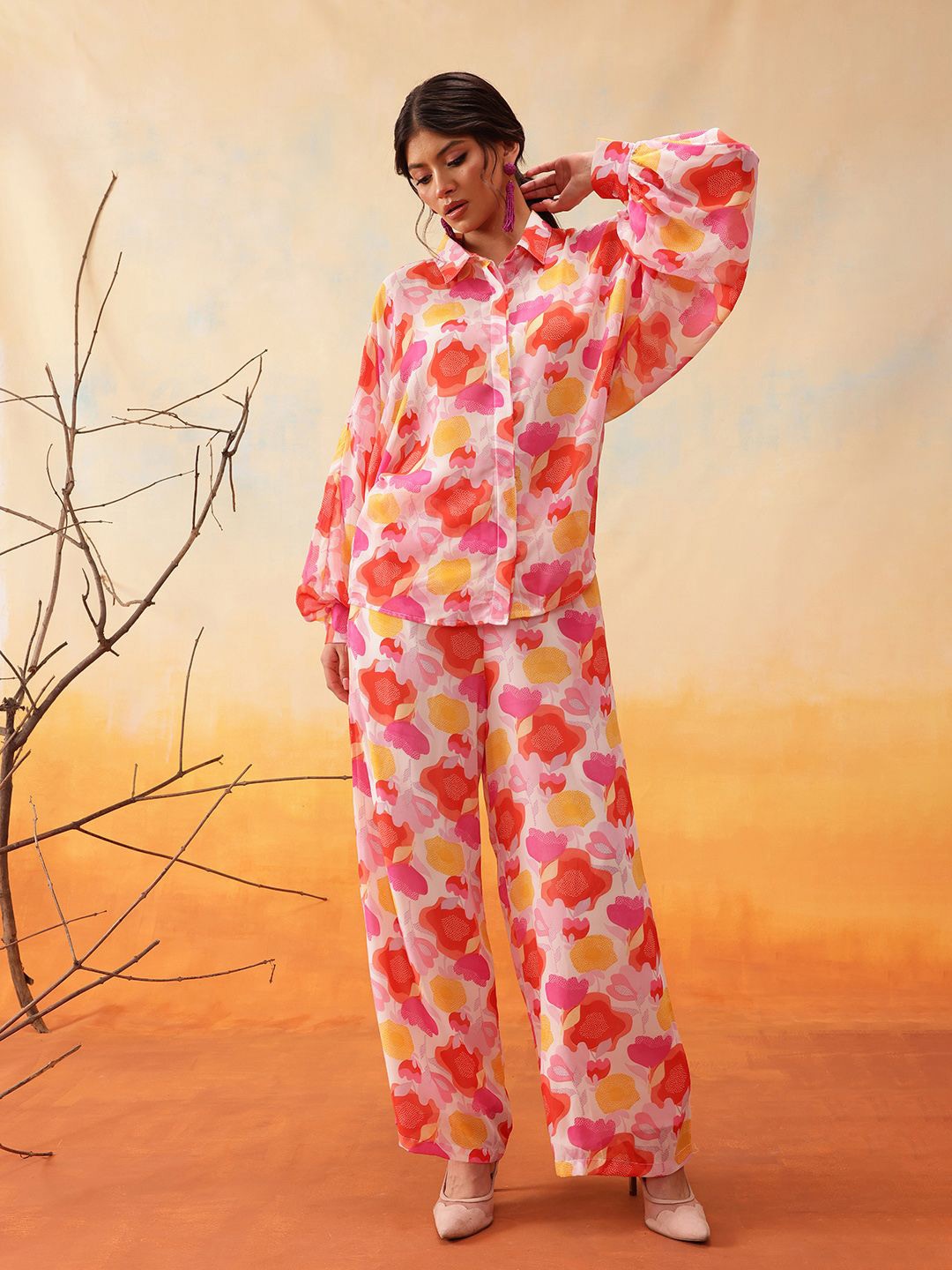 

indo street Floral Printed Shirt With Trousers, Orange